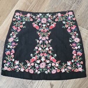Black Mini Skirt with Pink Floral & Bird Embroidery